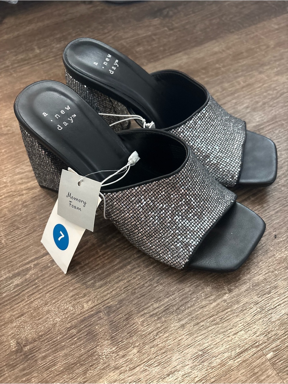 a new day Silver Glitter Block Heel Mule Sandals